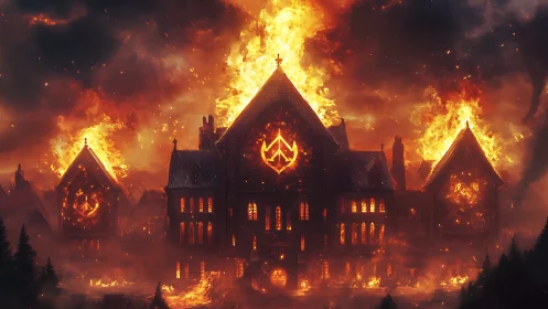 Gothic Manor Engulfed in Flames and Cosmic Fire.