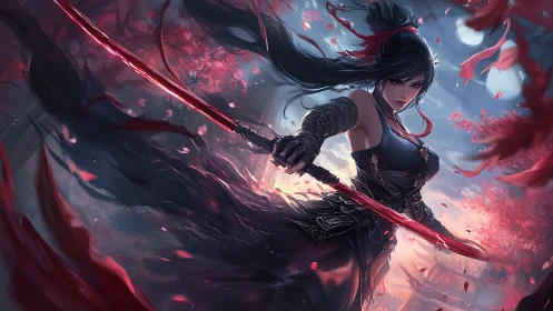 Swordmistress under crimson blossoms in moonlit duel.