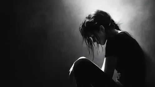 Solitary woman in shadowed corner studies falling light