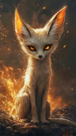 Fiery-eyed fennec fox sits amid swirling embers and smoke