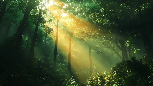Golden morning sunlight pours gently through a lush forest