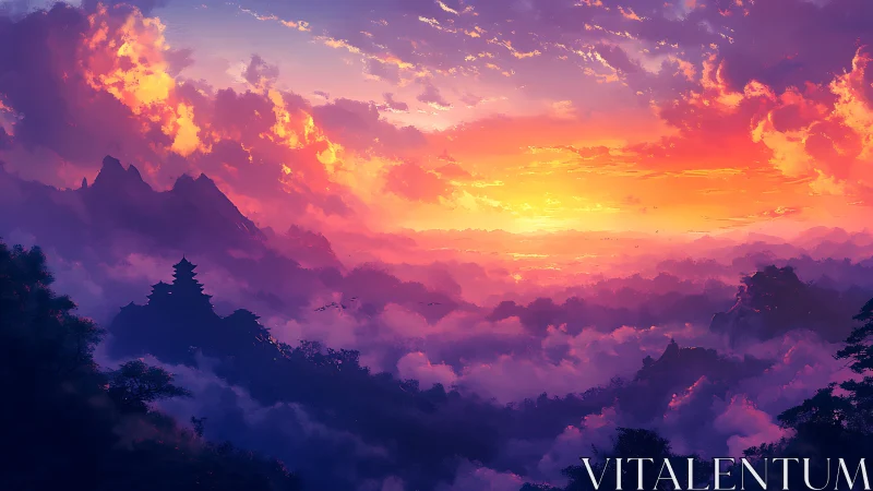 Sunset over misty mountains with distant pagoda silhouette.