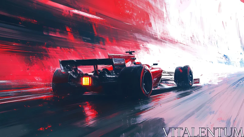 Red formula race car accelerates through abstract tunnel