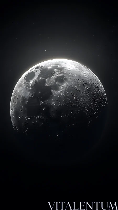 Luminous half moon rises from deep space in stark silence.