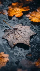 Wet maple leaf rests on dark reflective autumn puddle