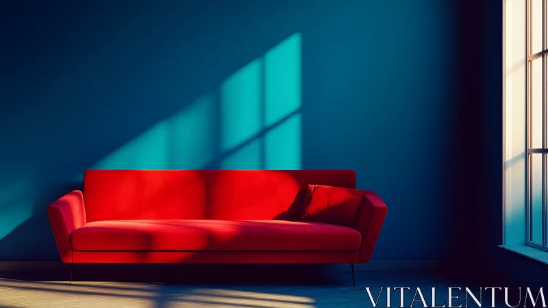 Crimson sofa basking in geometric windowlight drama.