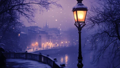 Snowy riverside evening under softly glowing lamplights.