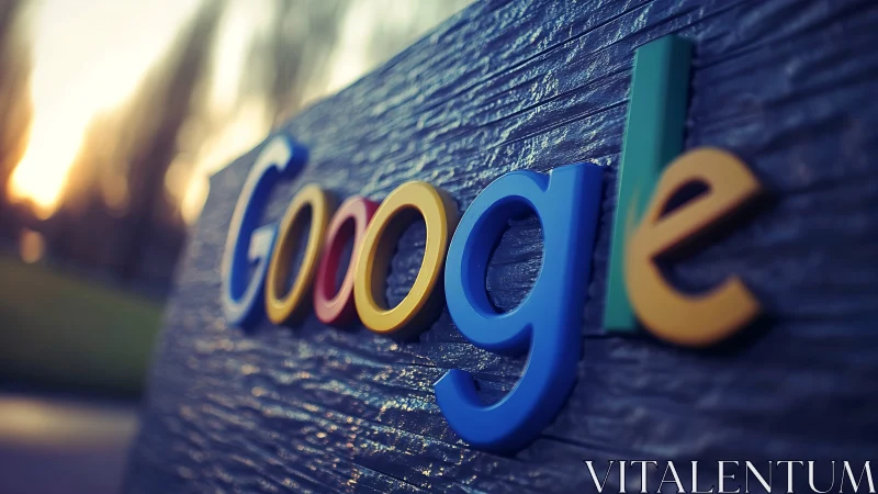 Google logo sign glows softly against a blurred dusk backdrop