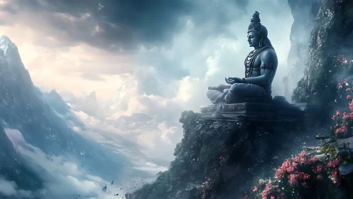Large stone deity statue sits above clouds in mountain valley
