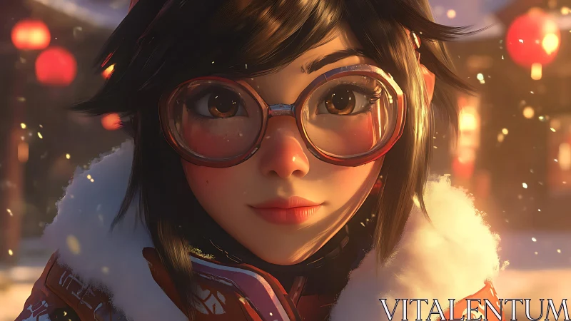 Winter lantern bokeh around stylized girl in red parka portrait.