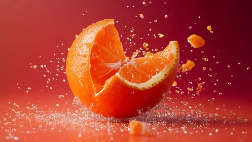 Orange slice explosion against red background in motion.