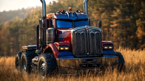 Heavy-duty red semi truck parked in tall dry grass field.