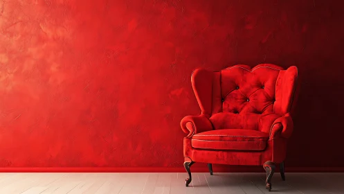Red velvet armchair anchors bold monochrome interior wall