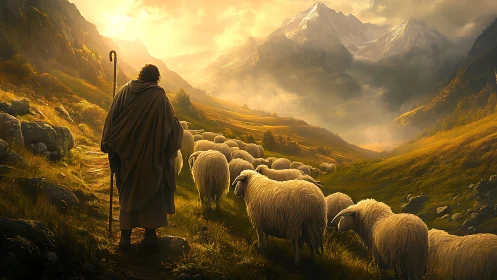 Shepherd guides flock through sunlit alpine valley at dusk.