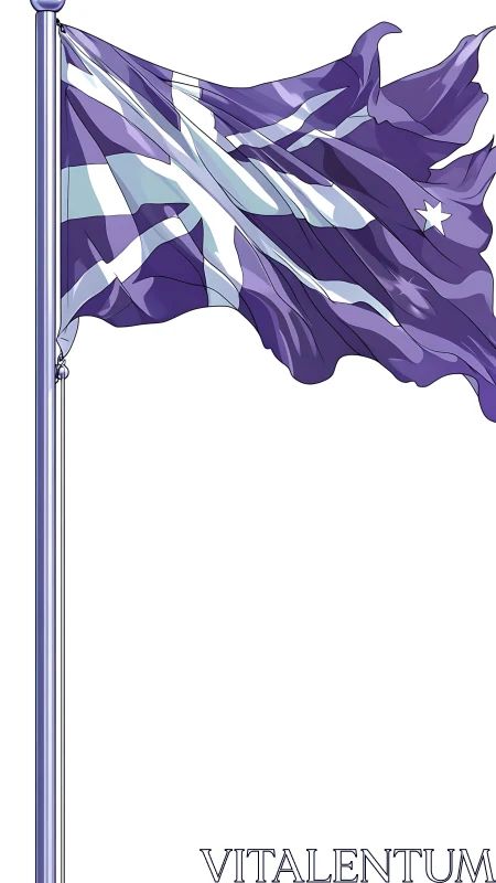 Purple stylized flag on pole with white cross and star.