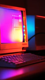 Retro workstation in neon gradient cinematic lighting study.