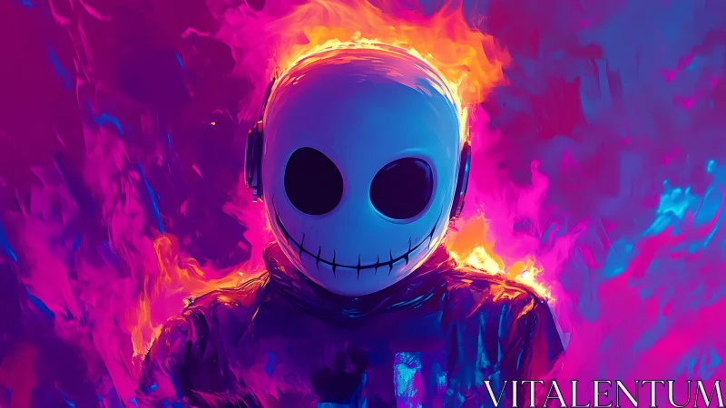 Playful skull-headed burner drifts through neon firestorm.