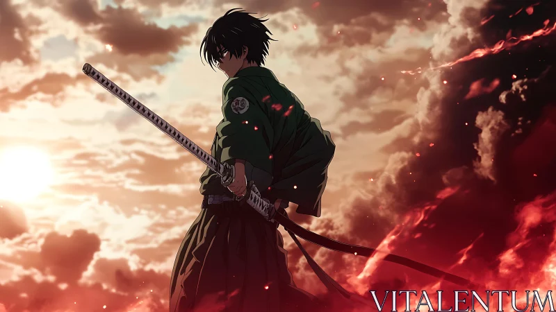 Lone anime swordsman commands sunset horizon and fire