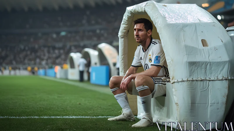 Football player seated in dugout structure at stadium edge.