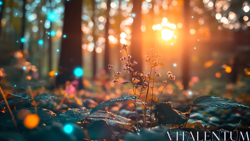 Wildflowers in glowing forest light with floating sparkles.