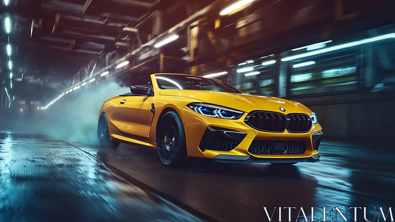 Midnight sprint: yellow BMW convertible prowls neon asphalt.