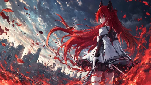 Red haired swordswoman stands over burning urban ruins.