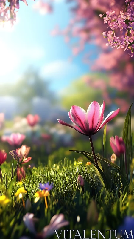 Pink Tulip Basking in Spring's Golden Meadow Symphony.