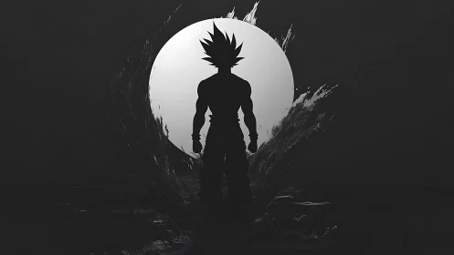 Silhouetted warrior emerges against blazing white moon.