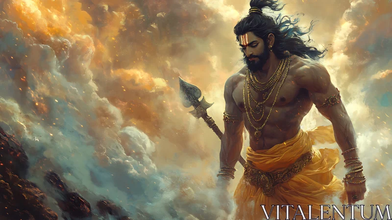 Muscular warrior holding ornate axe amid swirling storm clouds