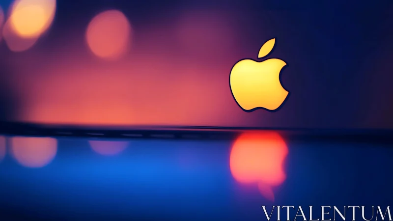 Golden Apple Logo Against Neon Gradient Bokeh Backdrop.
