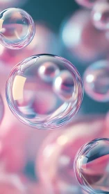 Iridescent soap bubbles float over soft pastel bokeh field.