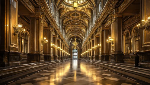 Golden palace hallway glowing with timeless evening light.