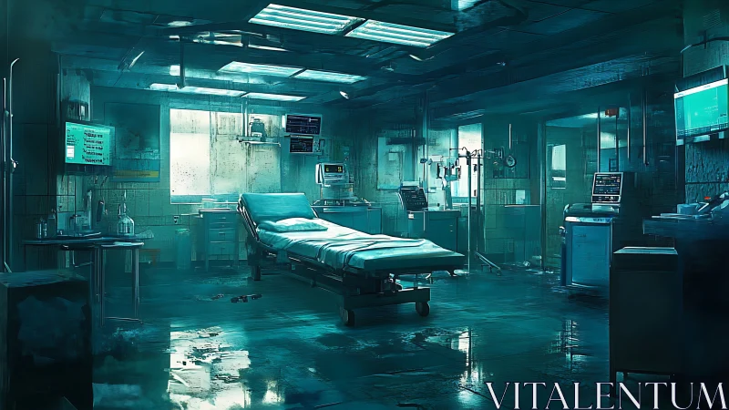 Quiet futuristic ICU bathed in cool teal clinical light.