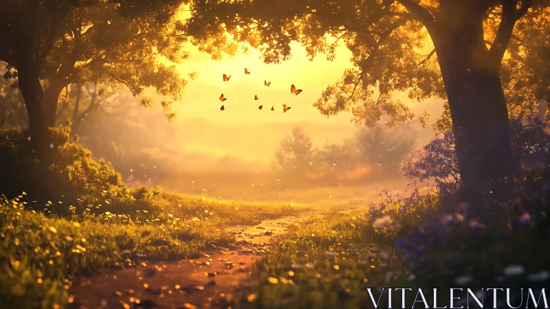 Golden woodland path with butterflies at gentle sunset glow.