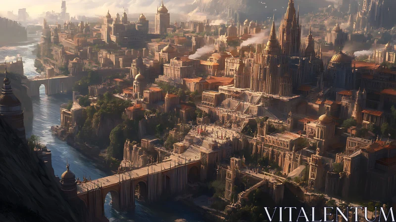 Sunlit river kingdom with towering cathedral citadel skyline.