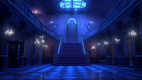 Midnight grand staircase glows in a quiet, mysterious hall