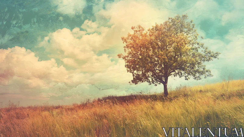 Lone tree on grassy hill under dreamy sky, soft pastel art style.