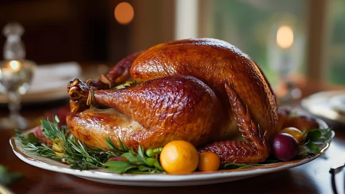 Golden roast turkey on a cozy candlelit holiday table.