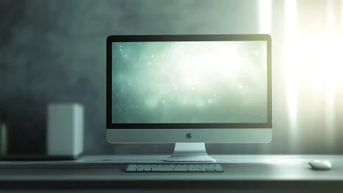 Photorealistic desktop computer with luminous minimal screen.