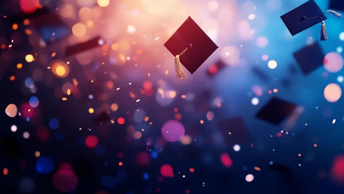 Joyful graduation caps soar among glowing celebration lights