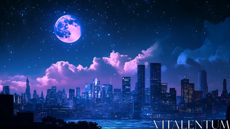 Night urban skyline under large moon and star field.