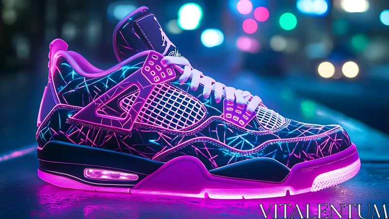 Neon cyberpunk sneaker rendered with luminous trim and bokeh citylights