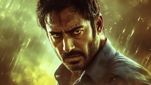 Smoldering vigilante glare carved in stormlit golden haze.