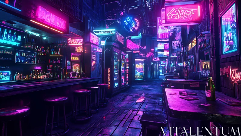 Neon-saturated cyberpunk bar alley with emissive signage and wet paving