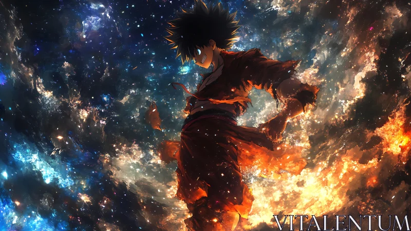 Cosmic hero rises in glowing starlight and swirling fire.