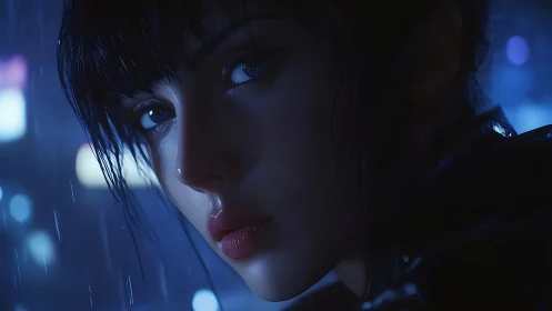 Rain-soaked cyberpunk portrait with high-contrast rim lighting dynamics