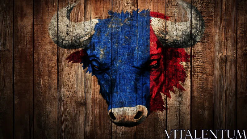 Weathered bull head mural painted on vertically planked timber wall