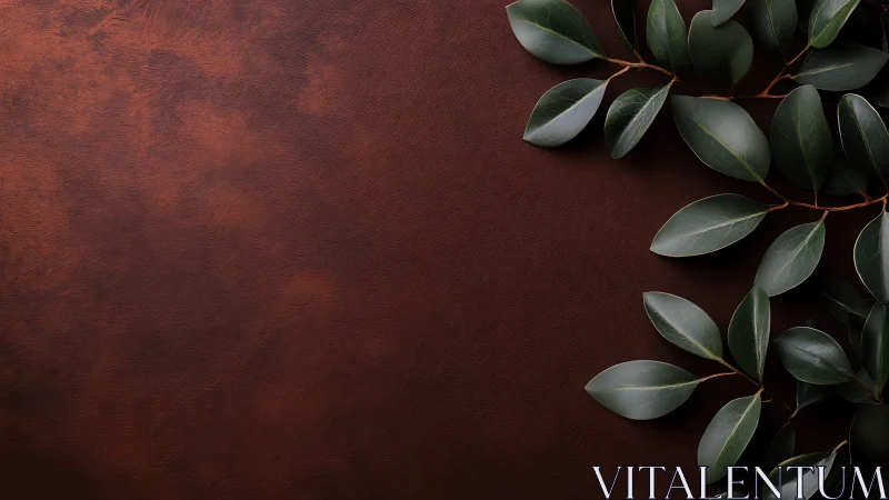 Dark brown textured surface is partially covered by foliage