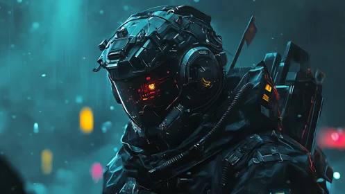 Armored cybernetic soldier in rain-lit neon urban environment