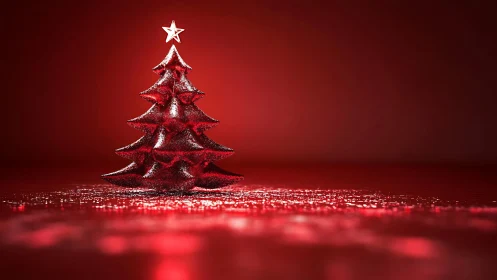 Red glitter Christmas tree with white star on red background.